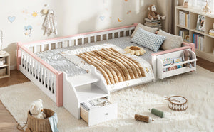 English Elm Full Over Pine Wood Playhouse Bunk Bed with Bookshelf Drawer and Peaked Roof Design White & Pink W5305S00101