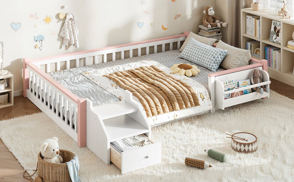 English Elm Full Over Pine Wood Playhouse Bunk Bed with Bookshelf Drawer and Peaked Roof Design White & Pink W5305S00101