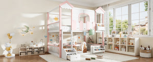 English Elm Full Over Pine Wood Playhouse Bunk Bed with Bookshelf Drawer and Peaked Roof Design White & Pink W5305S00101