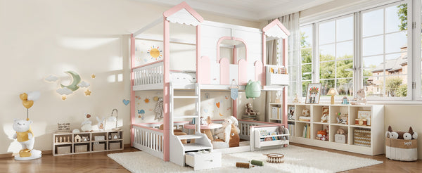 English Elm Full Over Pine Wood Playhouse Bunk Bed with Bookshelf Drawer and Peaked Roof Design White & Pink W5305S00101