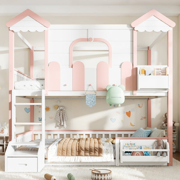 English Elm Full Over Pine Wood Playhouse Bunk Bed with Bookshelf Drawer and Peaked Roof Design White & Pink W5305S00101