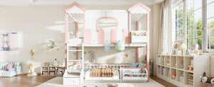 English Elm Full Over Pine Wood Playhouse Bunk Bed with Bookshelf Drawer and Peaked Roof Design White & Pink W5305S00101