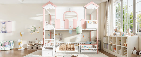 English Elm Full Over Pine Wood Playhouse Bunk Bed with Bookshelf Drawer and Peaked Roof Design White & Pink W5305S00101