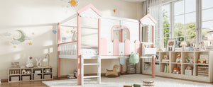English Elm Full Over Pine Wood Playhouse Bunk Bed with Bookshelf Drawer and Peaked Roof Design White & Pink W5305S00101