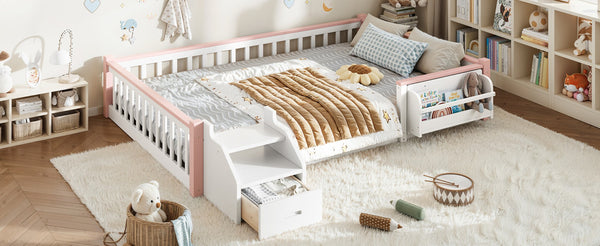 English Elm Full Over Pine Wood Playhouse Bunk Bed with Bookshelf Drawer and Peaked Roof Design White & Pink W5305S00101