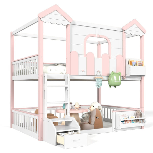 English Elm Full Over Pine Wood Playhouse Bunk Bed with Bookshelf Drawer and Peaked Roof Design White & Pink W5305S00101