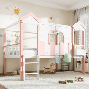 English Elm Full Over Pine Wood Playhouse Bunk Bed with Bookshelf Drawer and Peaked Roof Design White & Pink W5305S00101
