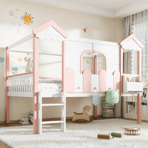 English Elm Full Over Pine Wood Playhouse Bunk Bed with Bookshelf Drawer and Peaked Roof Design White & Pink W5305S00101