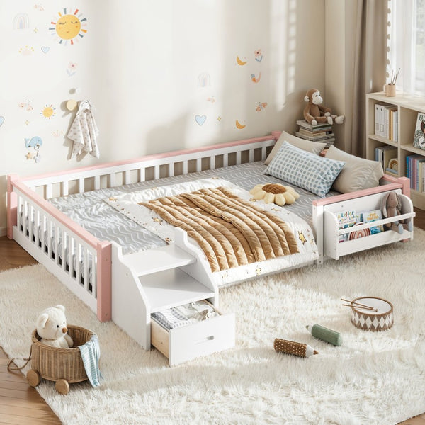 English Elm Full Over Pine Wood Playhouse Bunk Bed with Bookshelf Drawer and Peaked Roof Design White & Pink W5305S00101