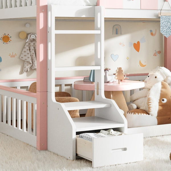 English Elm Full Over Pine Wood Playhouse Bunk Bed with Bookshelf Drawer and Peaked Roof Design White & Pink W5305S00101