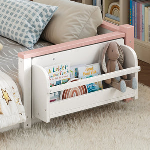 English Elm Full Over Pine Wood Playhouse Bunk Bed with Bookshelf Drawer and Peaked Roof Design White & Pink W5305S00101