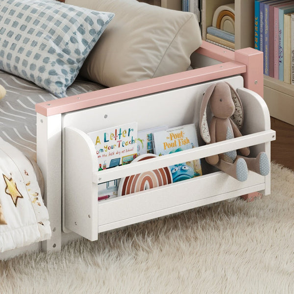 English Elm Full Over Pine Wood Playhouse Bunk Bed with Bookshelf Drawer and Peaked Roof Design White & Pink W5305S00101