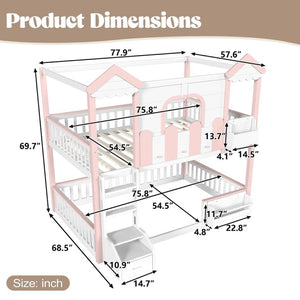 English Elm Full Over Pine Wood Playhouse Bunk Bed with Bookshelf Drawer and Peaked Roof Design White & Pink W5305S00101