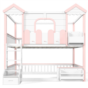 English Elm Full Over Pine Wood Playhouse Bunk Bed with Bookshelf Drawer and Peaked Roof Design White & Pink W5305S00101