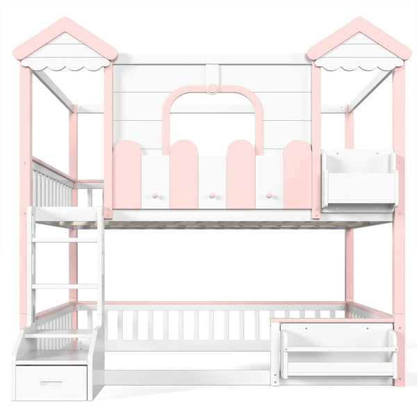 English Elm Full Over Pine Wood Playhouse Bunk Bed with Bookshelf Drawer and Peaked Roof Design White & Pink W5305S00101