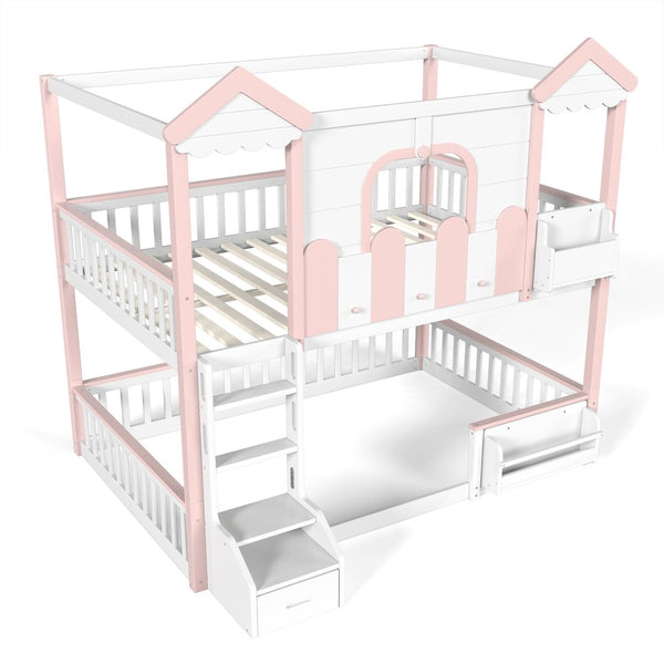 English Elm Full Over Pine Wood Playhouse Bunk Bed with Bookshelf Drawer and Peaked Roof Design White & Pink W5305S00101