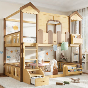 English Elm Full Over Pine Wood Playhouse Bunk Bed with Bookshelf Drawer and Peaked Roof Design Natural W5305S00102