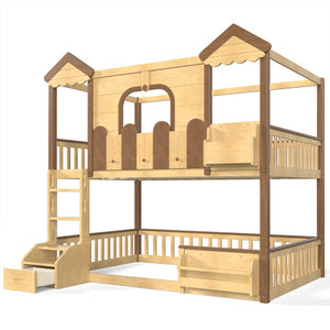 English Elm Full Over Pine Wood Playhouse Bunk Bed with Bookshelf Drawer and Peaked Roof Design Natural W5305S00102