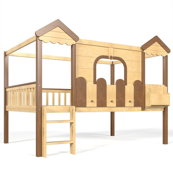 English Elm Full Over Pine Wood Playhouse Bunk Bed with Bookshelf Drawer and Peaked Roof Design Natural W5305S00102