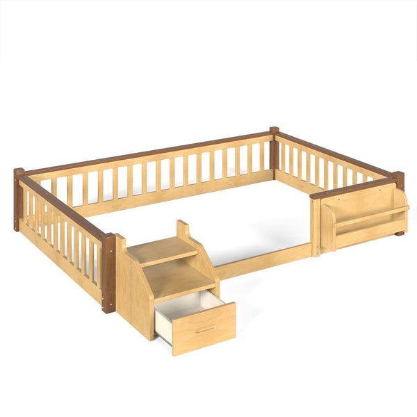 English Elm Full Over Pine Wood Playhouse Bunk Bed with Bookshelf Drawer and Peaked Roof Design Natural W5305S00102