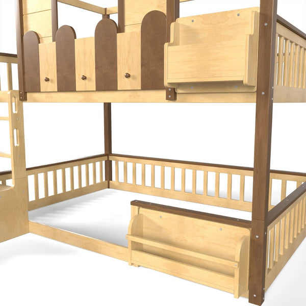 English Elm Full Over Pine Wood Playhouse Bunk Bed with Bookshelf Drawer and Peaked Roof Design Natural W5305S00102