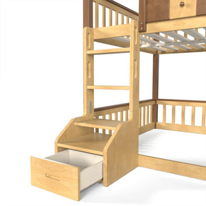 English Elm Full Over Pine Wood Playhouse Bunk Bed with Bookshelf Drawer and Peaked Roof Design Natural W5305S00102