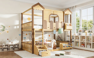 English Elm Full Over Pine Wood Playhouse Bunk Bed with Bookshelf Drawer and Peaked Roof Design Natural W5305S00102