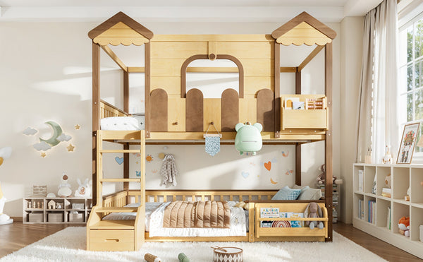 English Elm Full Over Pine Wood Playhouse Bunk Bed with Bookshelf Drawer and Peaked Roof Design Natural W5305S00102