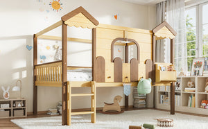 English Elm Full Over Pine Wood Playhouse Bunk Bed with Bookshelf Drawer and Peaked Roof Design Natural W5305S00102