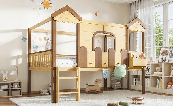 English Elm Full Over Pine Wood Playhouse Bunk Bed with Bookshelf Drawer and Peaked Roof Design Natural W5305S00102