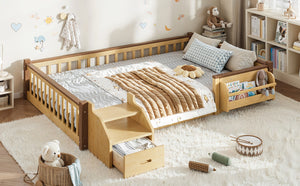 English Elm Full Over Pine Wood Playhouse Bunk Bed with Bookshelf Drawer and Peaked Roof Design Natural W5305S00102