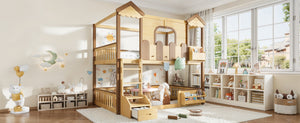 English Elm Full Over Pine Wood Playhouse Bunk Bed with Bookshelf Drawer and Peaked Roof Design Natural W5305S00102