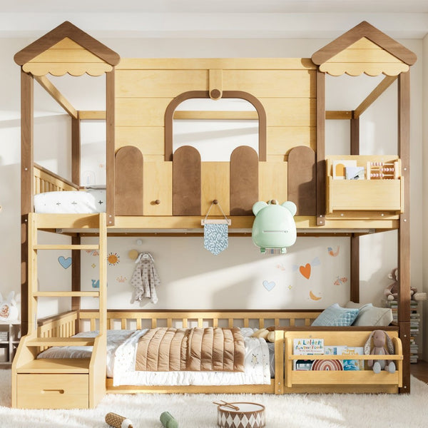 English Elm Full Over Pine Wood Playhouse Bunk Bed with Bookshelf Drawer and Peaked Roof Design Natural W5305S00102