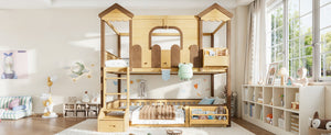 English Elm Full Over Pine Wood Playhouse Bunk Bed with Bookshelf Drawer and Peaked Roof Design Natural W5305S00102