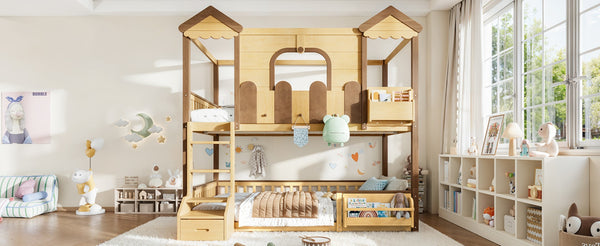 English Elm Full Over Pine Wood Playhouse Bunk Bed with Bookshelf Drawer and Peaked Roof Design Natural W5305S00102