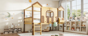 English Elm Full Over Pine Wood Playhouse Bunk Bed with Bookshelf Drawer and Peaked Roof Design Natural W5305S00102