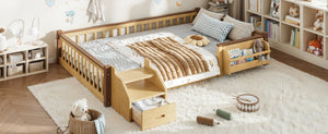 English Elm Full Over Pine Wood Playhouse Bunk Bed with Bookshelf Drawer and Peaked Roof Design Natural W5305S00102