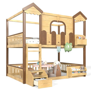 English Elm Full Over Pine Wood Playhouse Bunk Bed with Bookshelf Drawer and Peaked Roof Design Natural W5305S00102