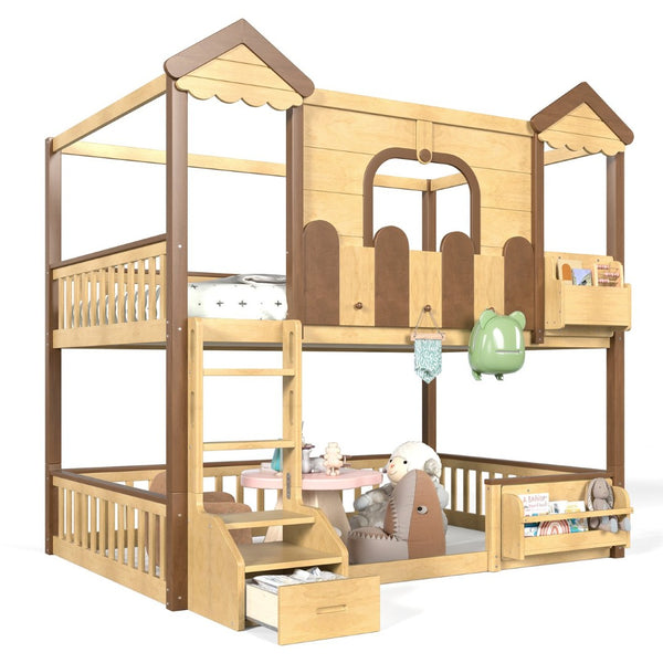 English Elm Full Over Pine Wood Playhouse Bunk Bed with Bookshelf Drawer and Peaked Roof Design Natural W5305S00102
