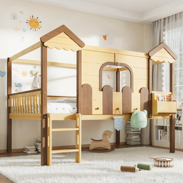 English Elm Full Over Pine Wood Playhouse Bunk Bed with Bookshelf Drawer and Peaked Roof Design Natural W5305S00102