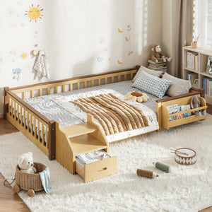 English Elm Full Over Pine Wood Playhouse Bunk Bed with Bookshelf Drawer and Peaked Roof Design Natural W5305S00102