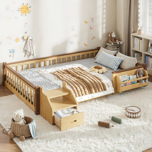 English Elm Full Over Pine Wood Playhouse Bunk Bed with Bookshelf Drawer and Peaked Roof Design Natural W5305S00102