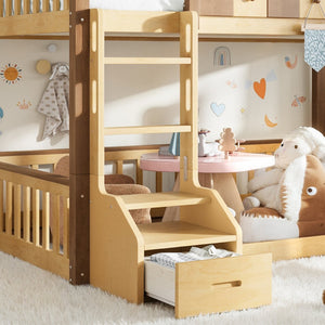 English Elm Full Over Pine Wood Playhouse Bunk Bed with Bookshelf Drawer and Peaked Roof Design Natural W5305S00102