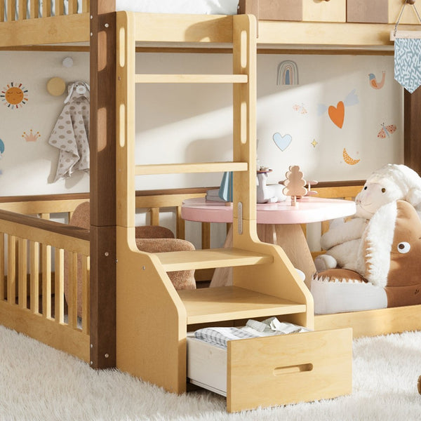 English Elm Full Over Pine Wood Playhouse Bunk Bed with Bookshelf Drawer and Peaked Roof Design Natural W5305S00102