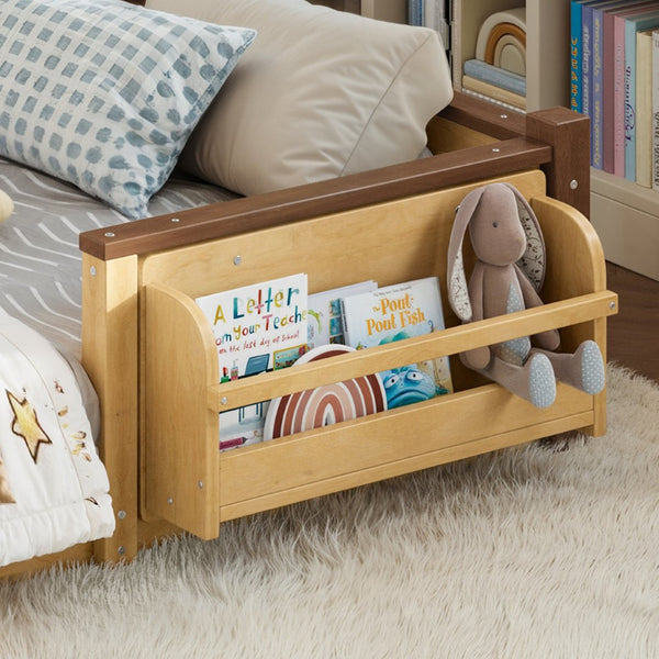English Elm Full Over Pine Wood Playhouse Bunk Bed with Bookshelf Drawer and Peaked Roof Design Natural W5305S00102