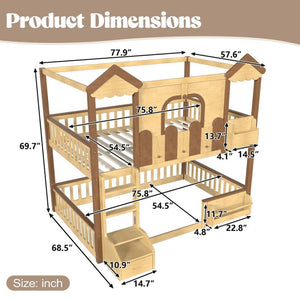 English Elm Full Over Pine Wood Playhouse Bunk Bed with Bookshelf Drawer and Peaked Roof Design Natural W5305S00102