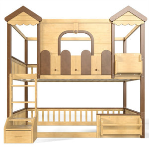 English Elm Full Over Pine Wood Playhouse Bunk Bed with Bookshelf Drawer and Peaked Roof Design Natural W5305S00102