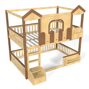 English Elm Full Over Pine Wood Playhouse Bunk Bed with Bookshelf Drawer and Peaked Roof Design Natural W5305S00102