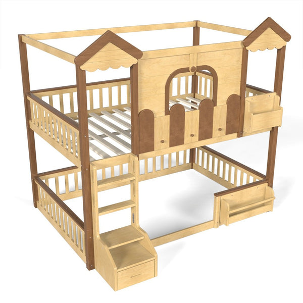 English Elm Full Over Pine Wood Playhouse Bunk Bed with Bookshelf Drawer and Peaked Roof Design Natural W5305S00102