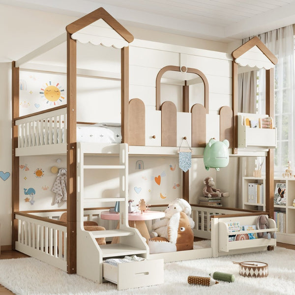 English Elm Full Over Pine Wood Playhouse Bunk Bed with Bookshelf Drawer and Peaked Roof Design Beige & Natural W5305S00103